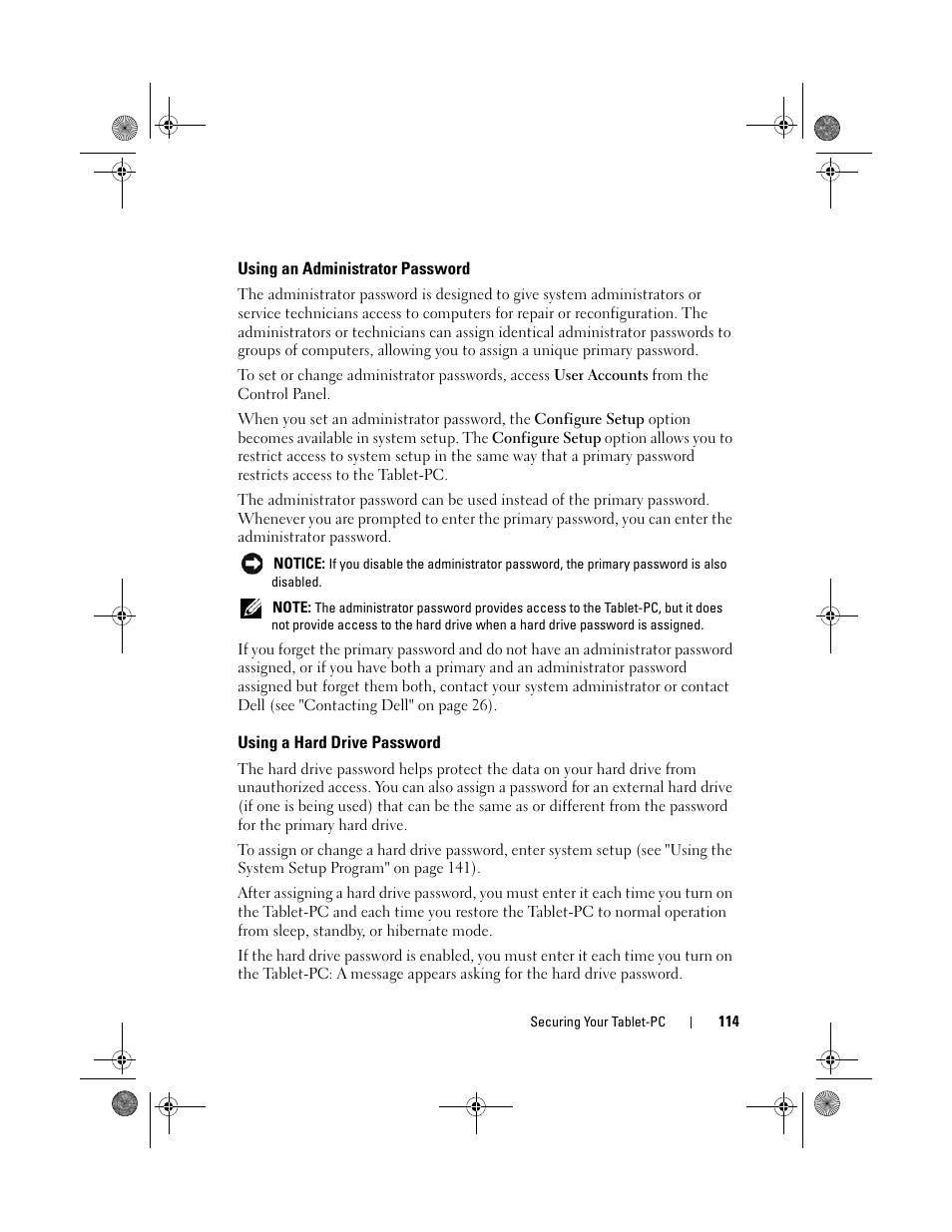 Using an administrator password, Using a hard drive password | Dell Latitude XT (Late 2007) User Manual | Page 114 / 248