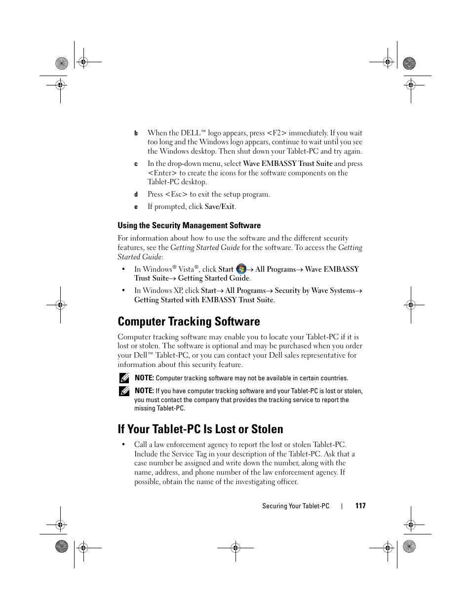 Using the security management software, Computer tracking software, If your tablet-pc is lost or stolen | Dell Latitude XT (Late 2007) User Manual | Page 117 / 248