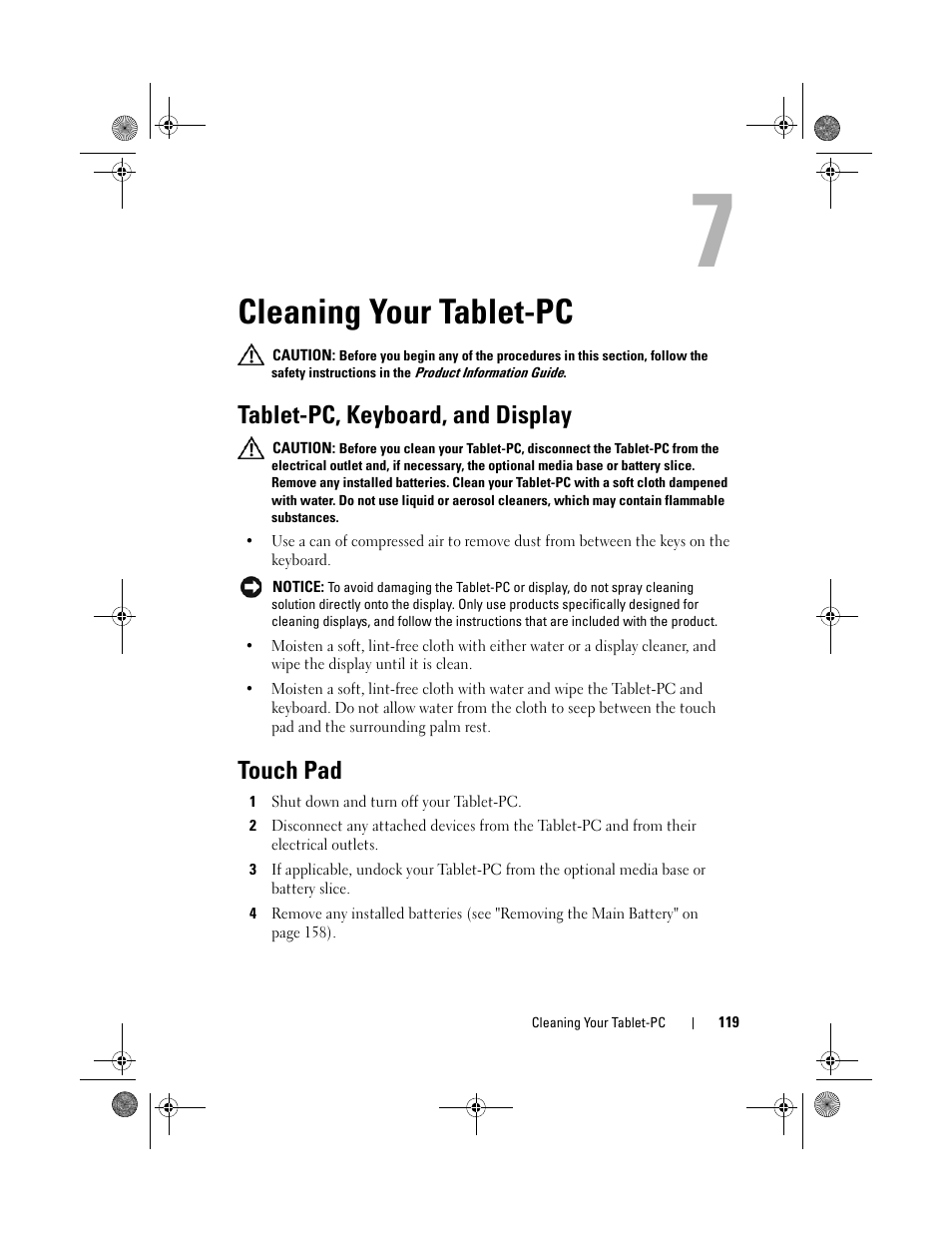 Cleaning your tablet-pc, Tablet-pc, keyboard, and display, Touch pad | Dell Latitude XT (Late 2007) User Manual | Page 119 / 248