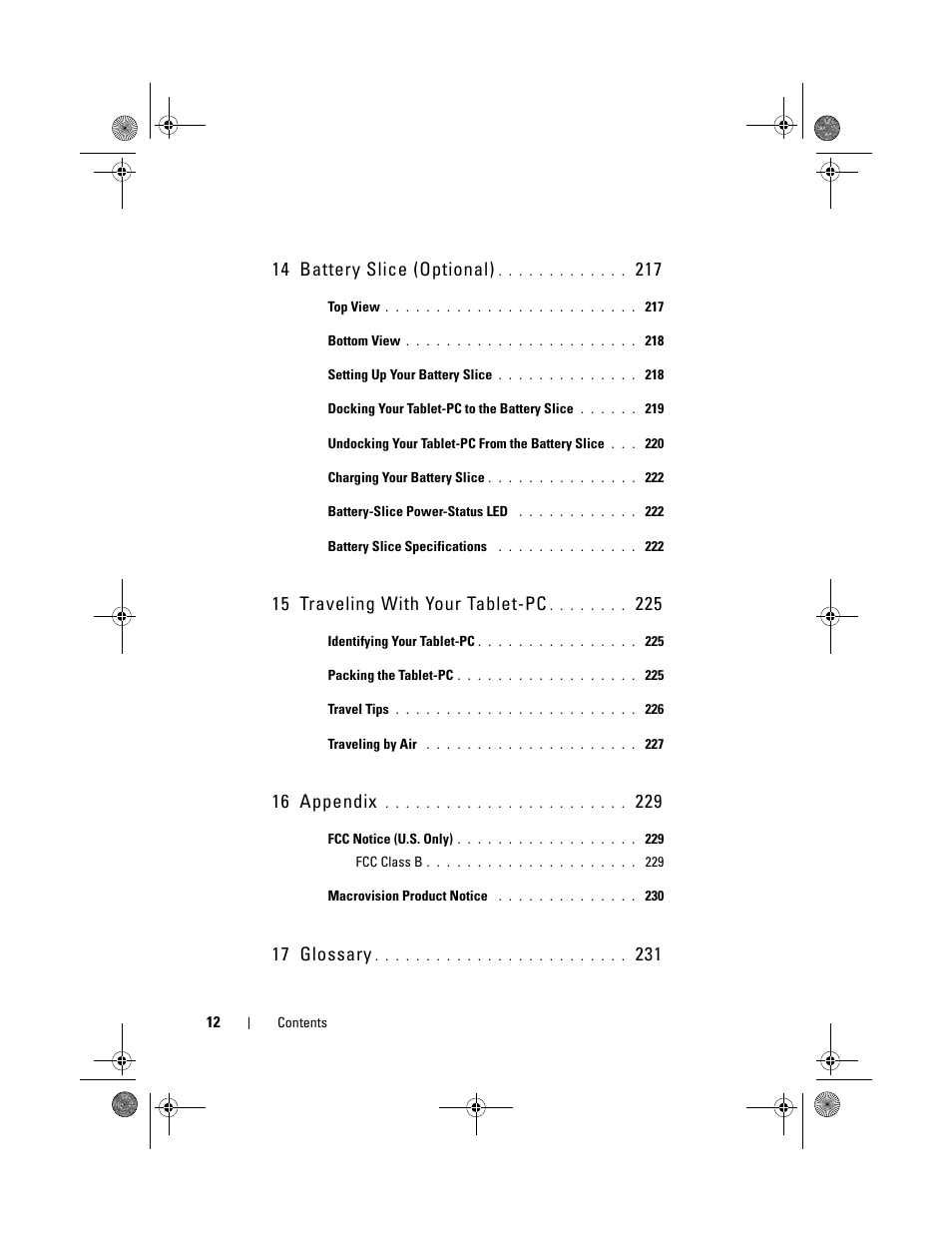 14 battery slice (optional), 15 traveling with your tablet-pc, 16 appendix | 17 glossary | Dell Latitude XT (Late 2007) User Manual | Page 12 / 248