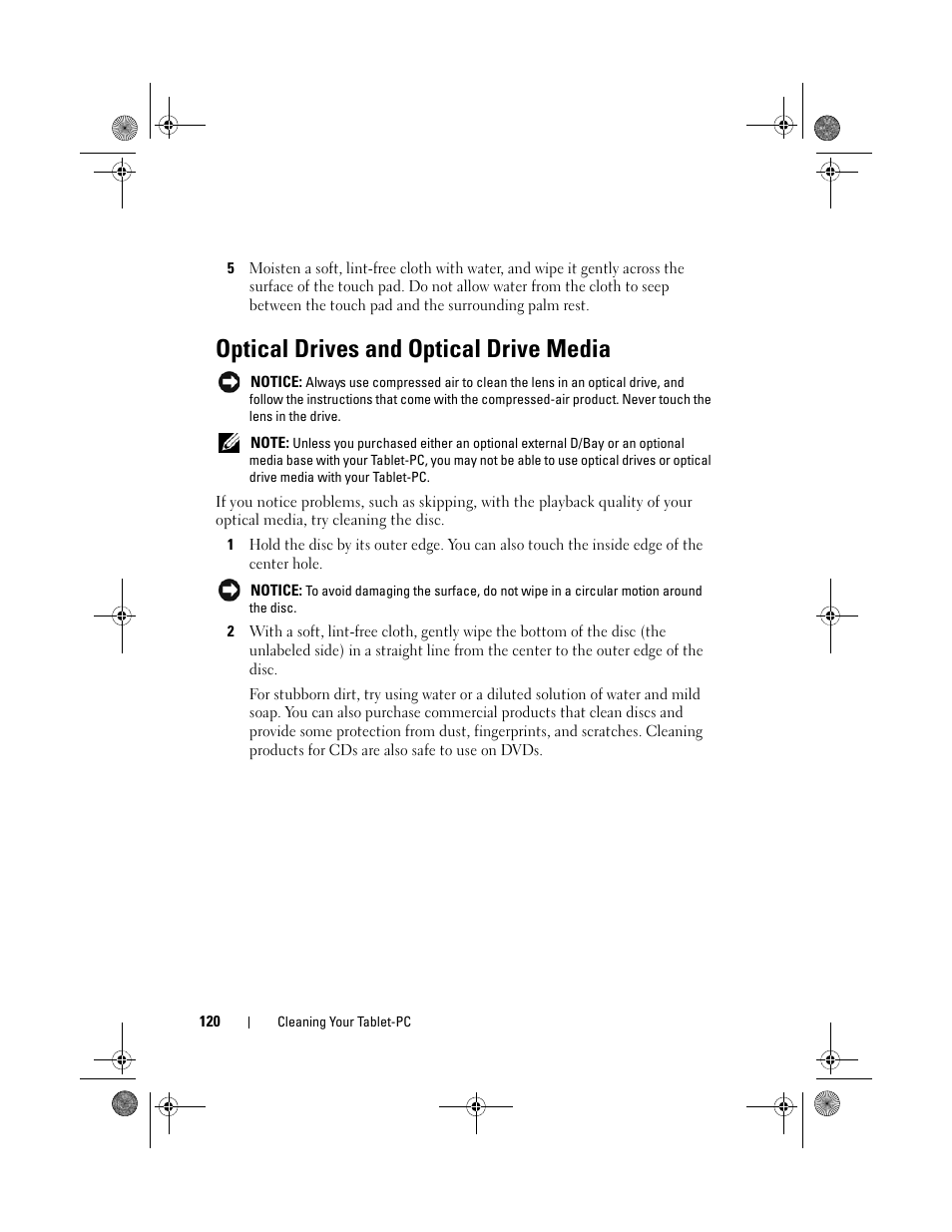 Optical drives and optical drive media | Dell Latitude XT (Late 2007) User Manual | Page 120 / 248