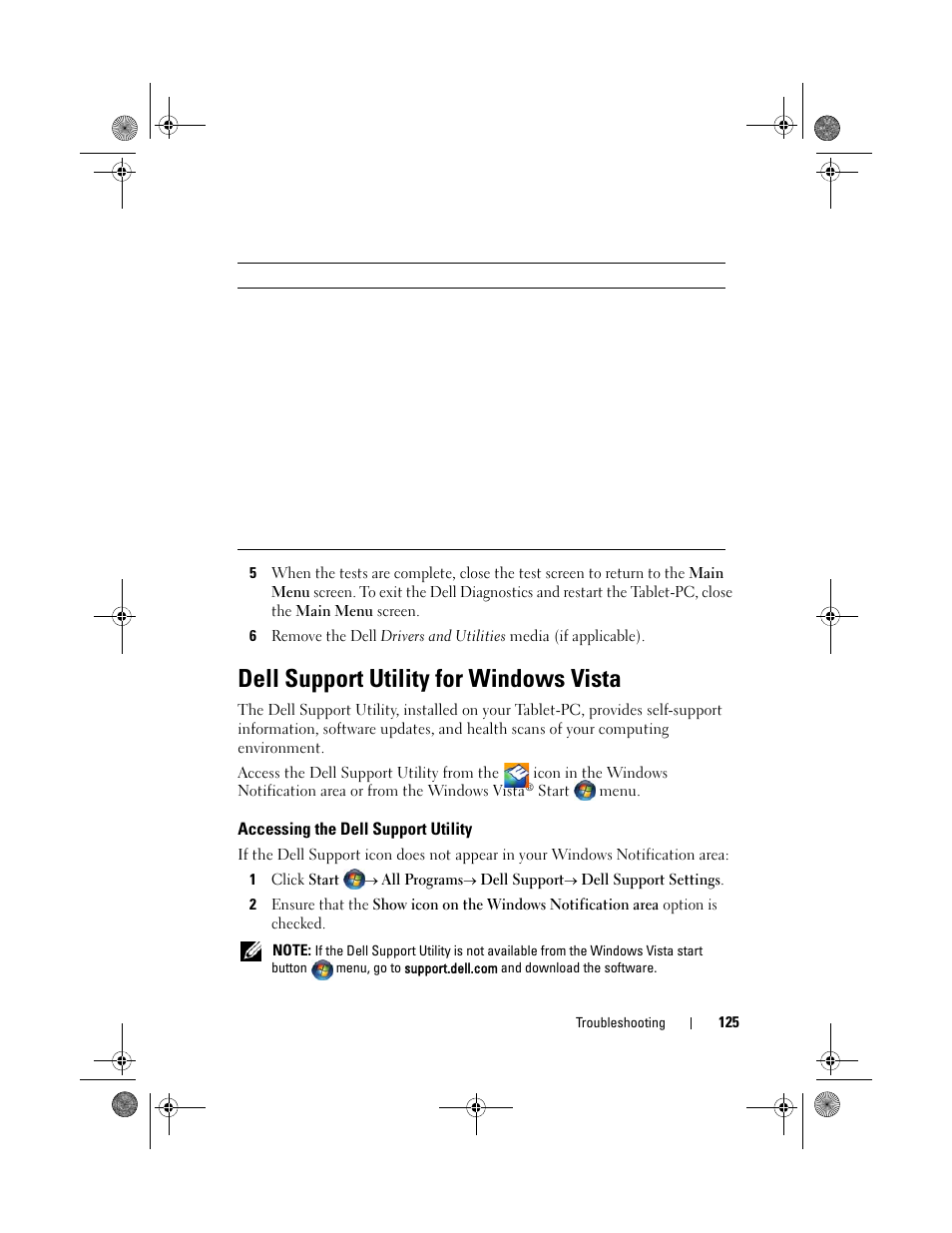 Dell support utility for windows vista, Accessing the dell support utility | Dell Latitude XT (Late 2007) User Manual | Page 125 / 248