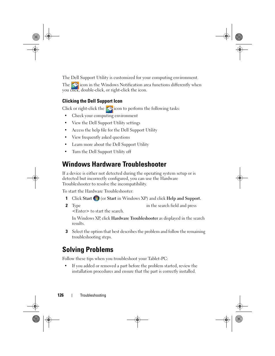 Clicking the dell support icon, Windows hardware troubleshooter, Solving problems | Dell Latitude XT (Late 2007) User Manual | Page 126 / 248