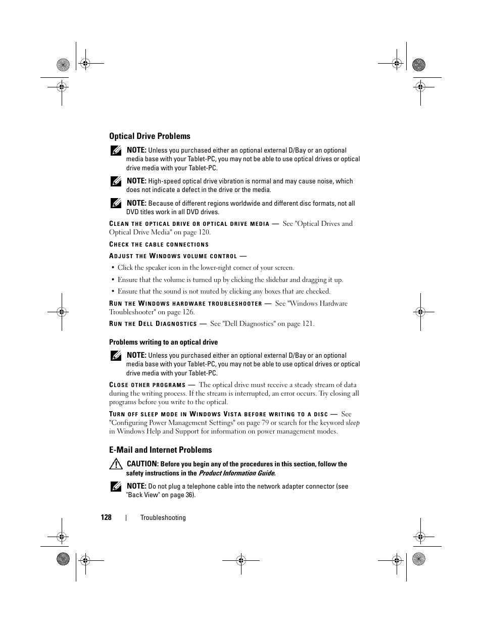 Optical drive problems, E-mail and internet problems | Dell Latitude XT (Late 2007) User Manual | Page 128 / 248