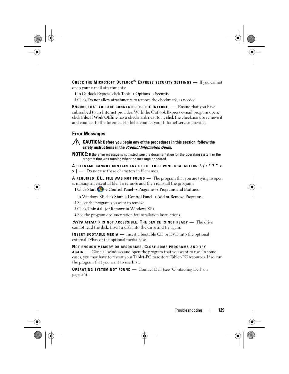Error messages | Dell Latitude XT (Late 2007) User Manual | Page 129 / 248