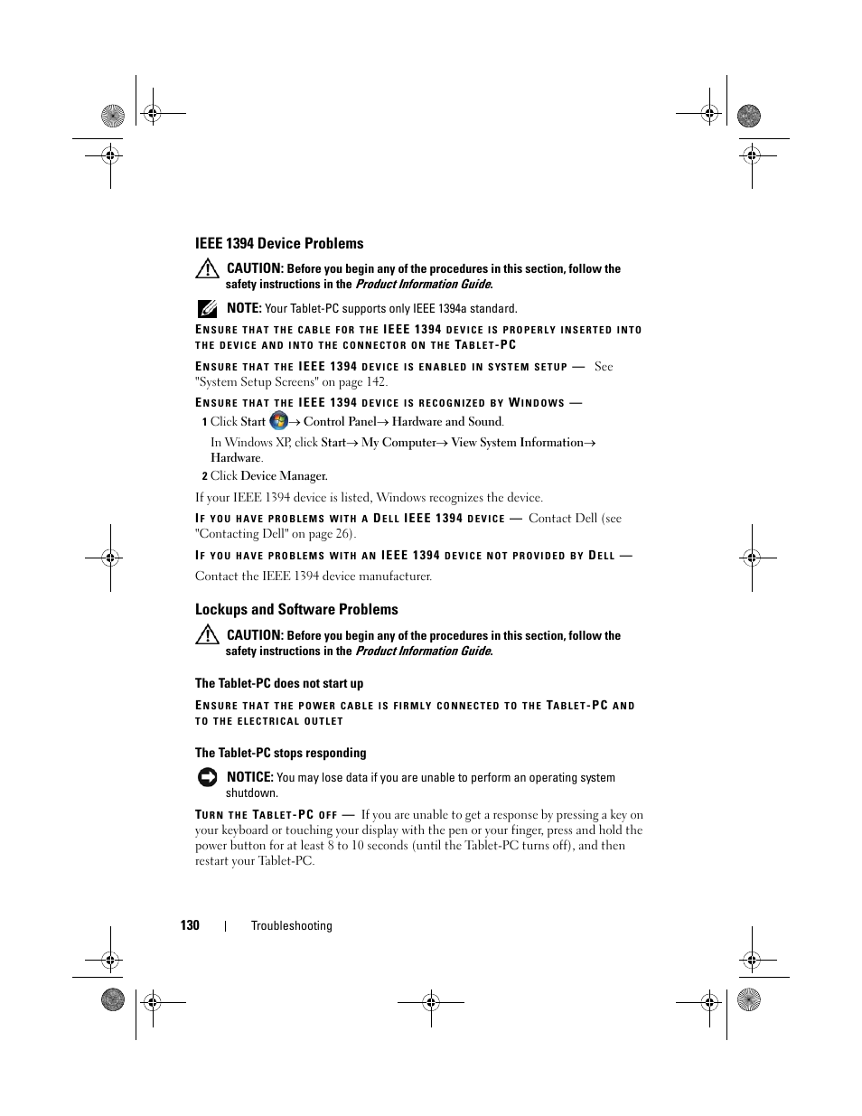 Ieee 1394 device problems, Lockups and software problems | Dell Latitude XT (Late 2007) User Manual | Page 130 / 248