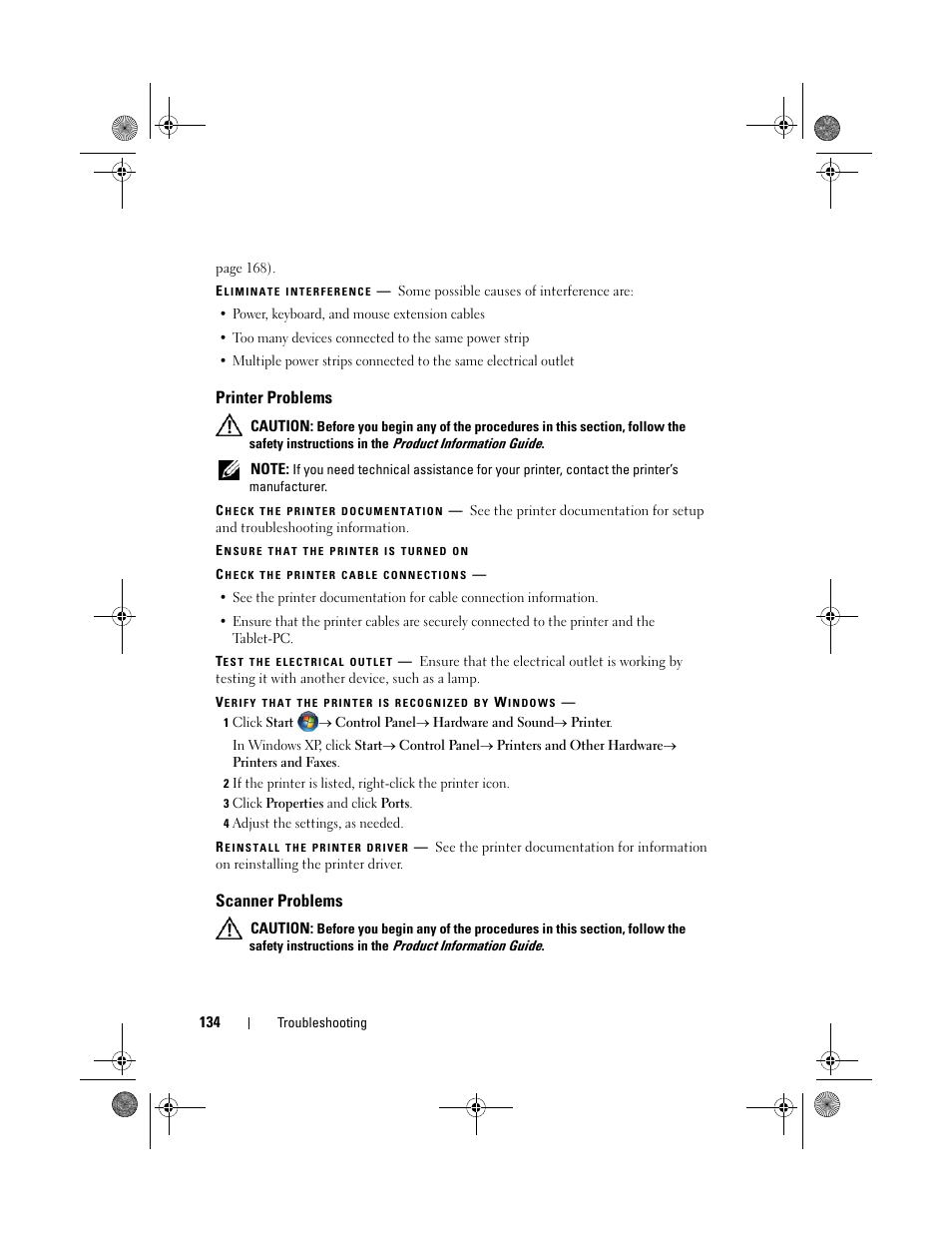 Printer problems, Scanner problems | Dell Latitude XT (Late 2007) User Manual | Page 134 / 248