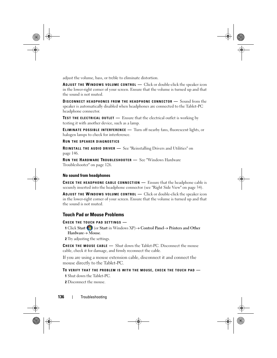 Touch pad or mouse problems | Dell Latitude XT (Late 2007) User Manual | Page 136 / 248