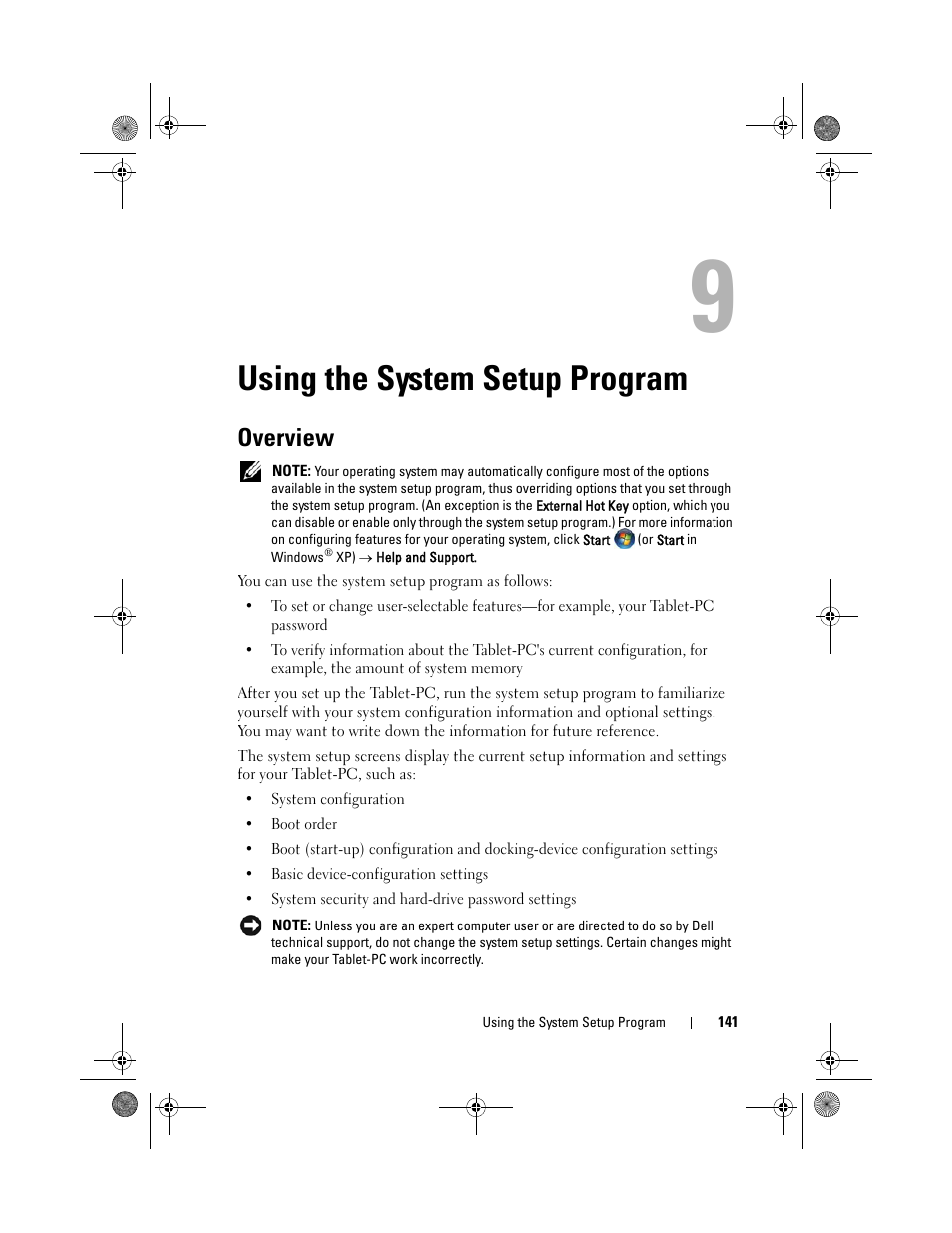 Using the system setup program, Overview, P program, see "using the system setup | Dell Latitude XT (Late 2007) User Manual | Page 141 / 248