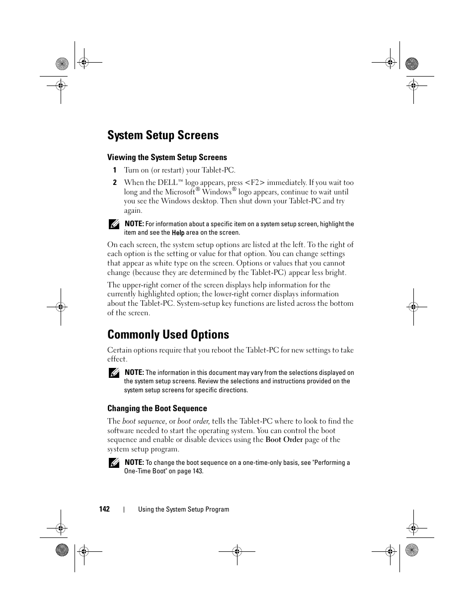 System setup screens, Viewing the system setup screens, Commonly used options | Changing the boot sequence, System setup screens" on | Dell Latitude XT (Late 2007) User Manual | Page 142 / 248