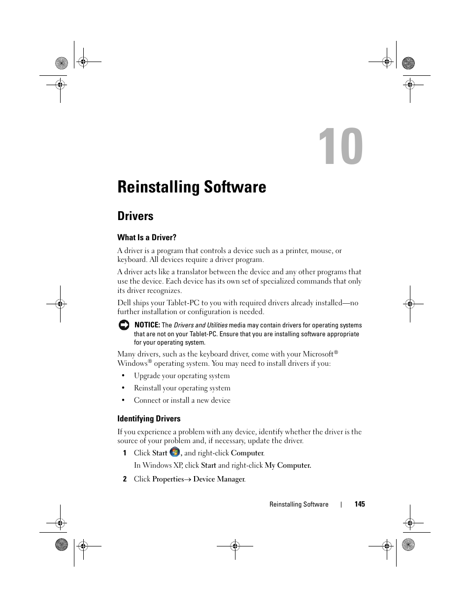 Reinstalling software, Drivers, What is a driver | Identifying drivers | Dell Latitude XT (Late 2007) User Manual | Page 145 / 248