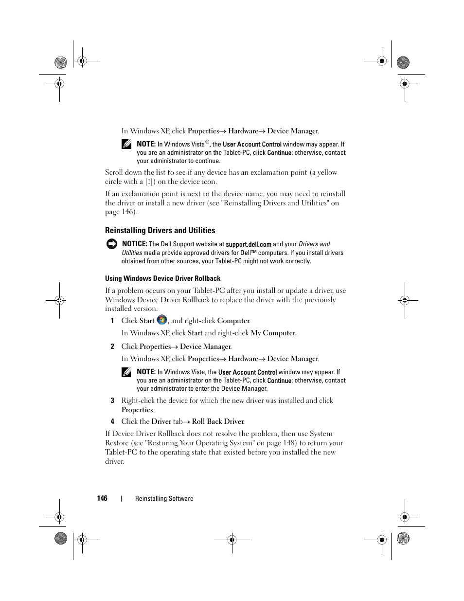 Reinstalling drivers and utilities, Ers (see "reinstalling drivers and, See "reinstalling drivers and utilities" on | E "reinstalling drivers and utilities" on | Dell Latitude XT (Late 2007) User Manual | Page 146 / 248