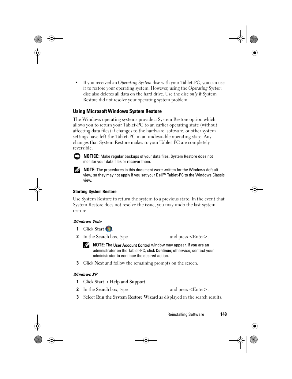 Using microsoft windows system restore, Using microsoft | Dell Latitude XT (Late 2007) User Manual | Page 149 / 248