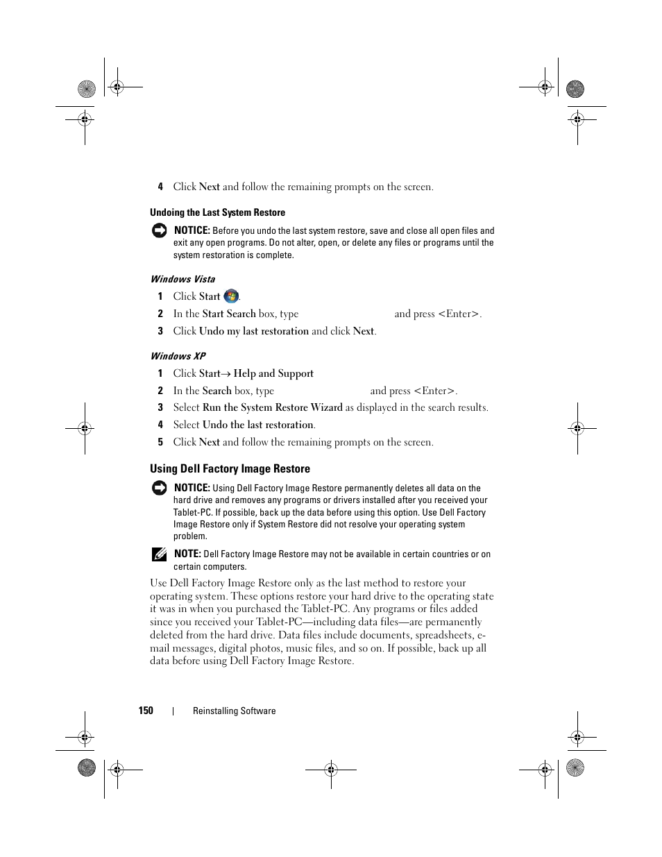 Using dell factory image restore | Dell Latitude XT (Late 2007) User Manual | Page 150 / 248