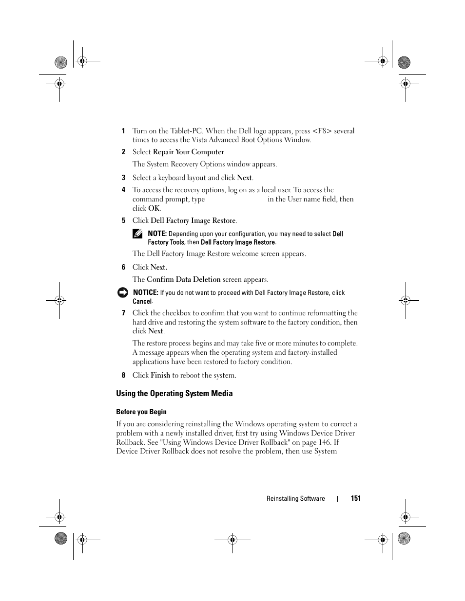 Using the operating system media | Dell Latitude XT (Late 2007) User Manual | Page 151 / 248