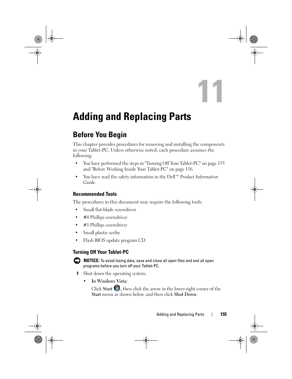 Adding and replacing parts, Before you begin, Recommended tools | Turning off your tablet-pc | Dell Latitude XT (Late 2007) User Manual | Page 155 / 248