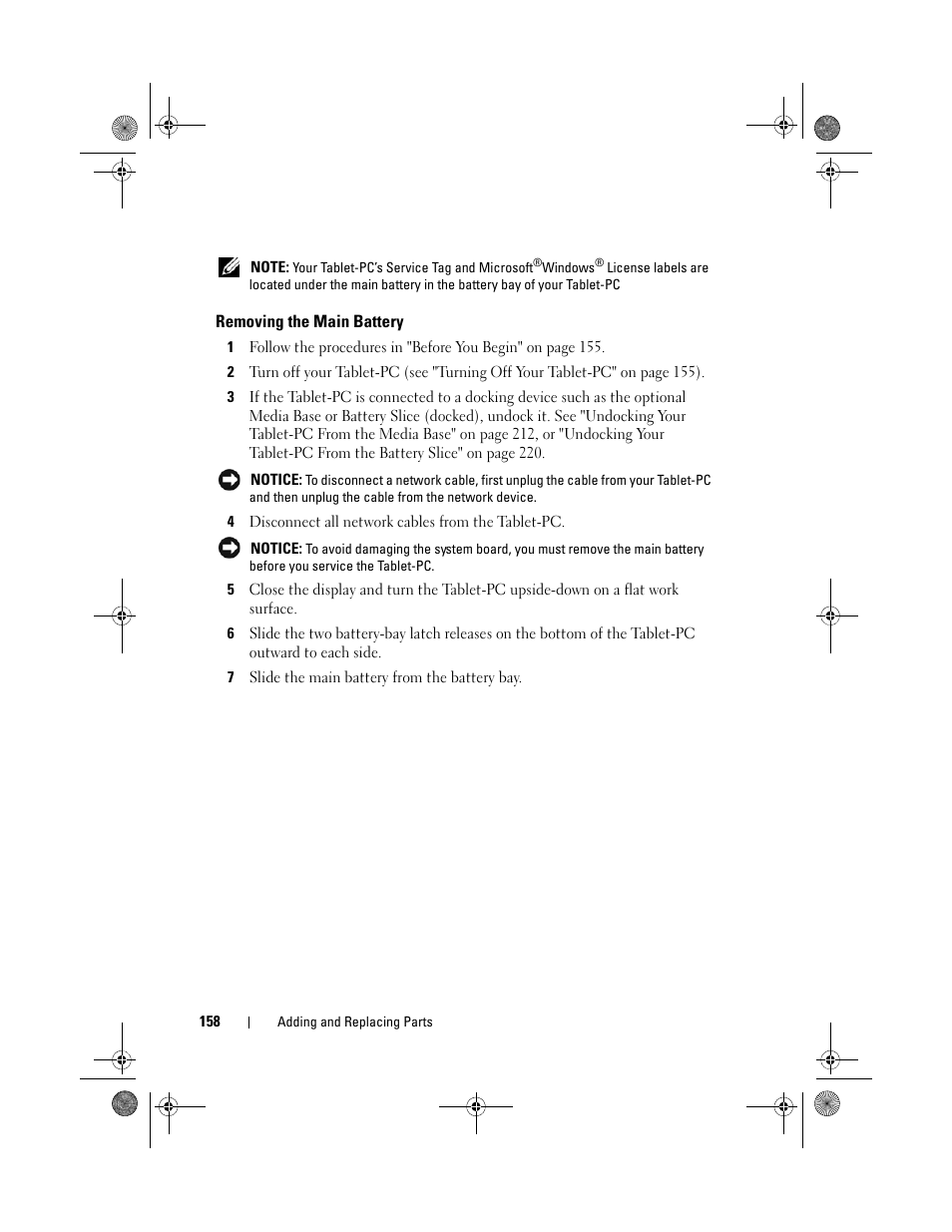 Removing the main battery, Et-pc (see "removing the main battery, Removing the main battery" on | Dell Latitude XT (Late 2007) User Manual | Page 158 / 248