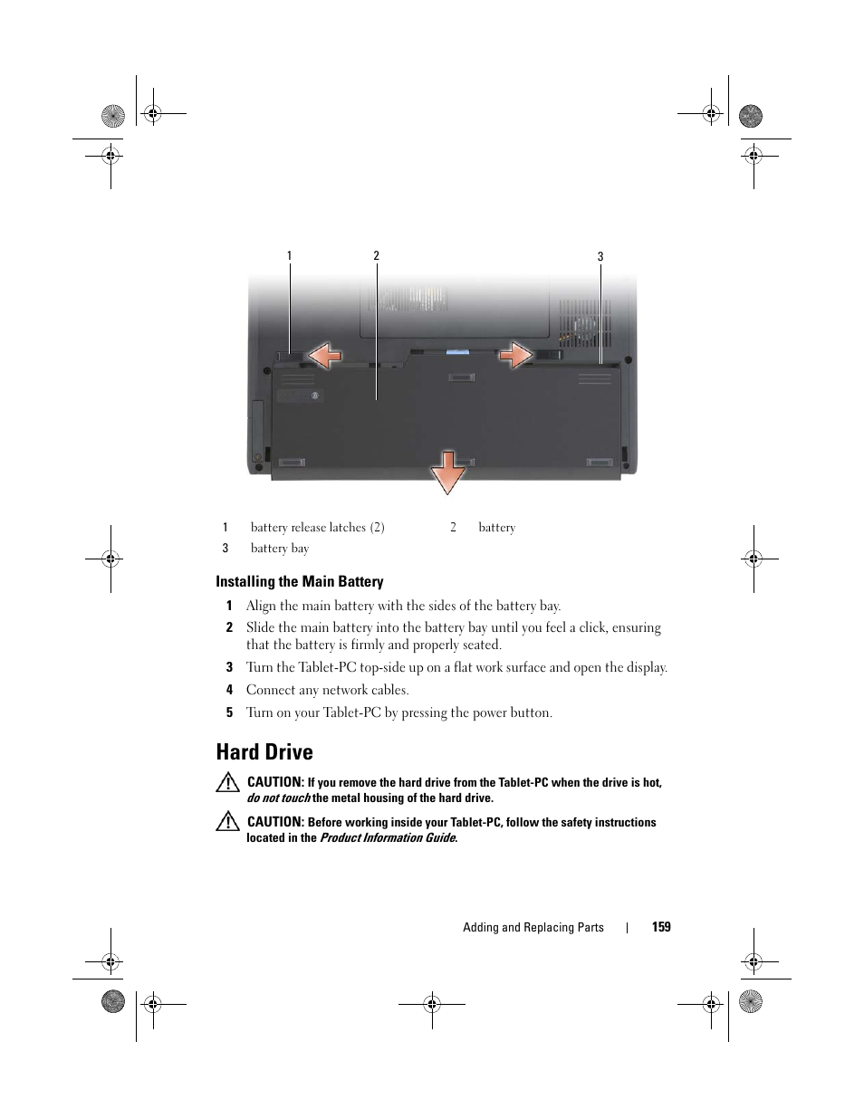 Installing the main battery, Hard drive | Dell Latitude XT (Late 2007) User Manual | Page 159 / 248