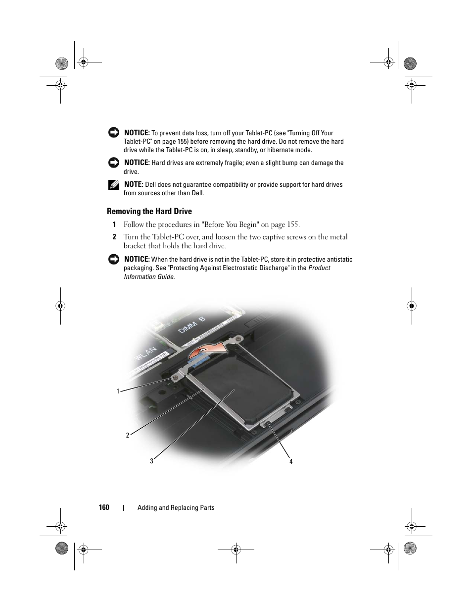 Removing the hard drive | Dell Latitude XT (Late 2007) User Manual | Page 160 / 248