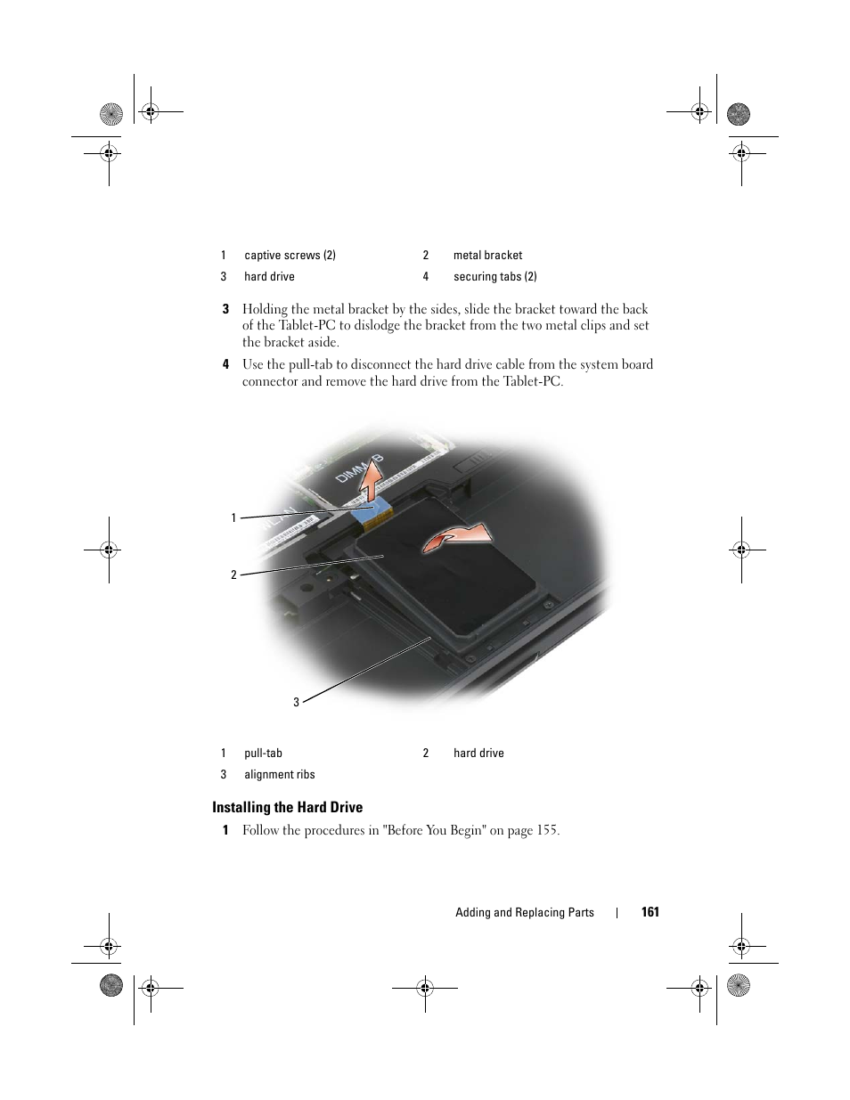 Installing the hard drive | Dell Latitude XT (Late 2007) User Manual | Page 161 / 248