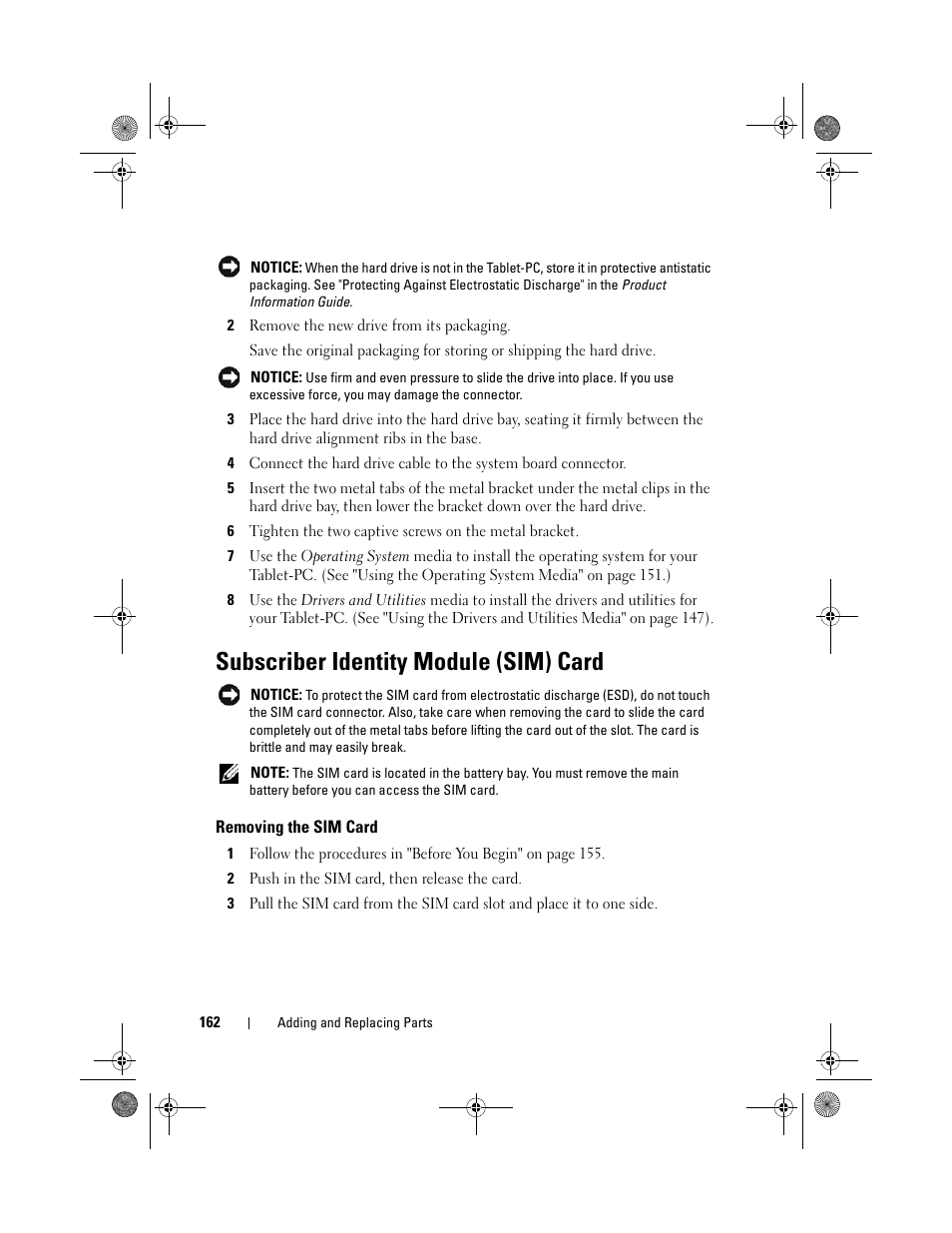 Subscriber identity module (sim) card, Removing the sim card | Dell Latitude XT (Late 2007) User Manual | Page 162 / 248