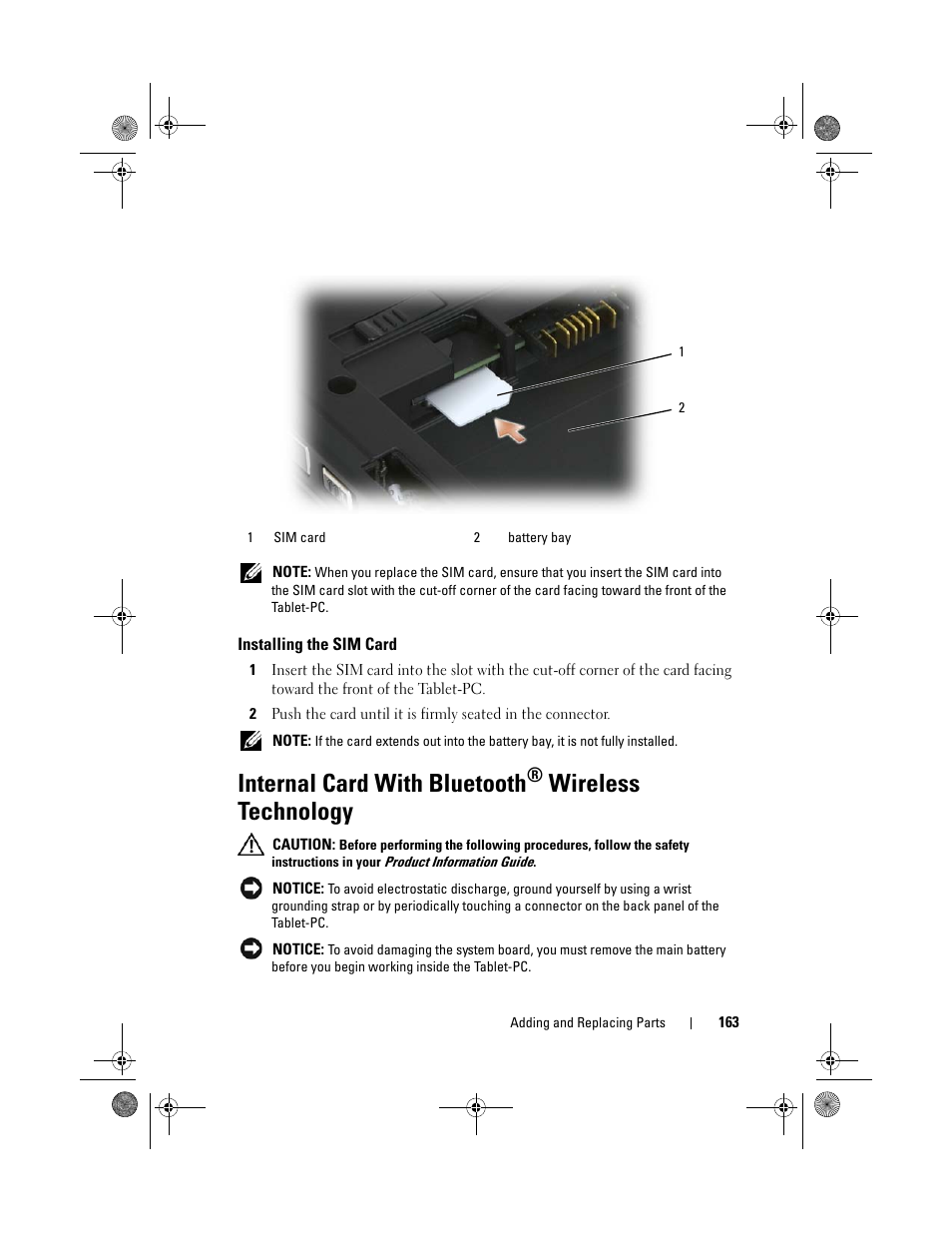 Installing the sim card, Internal card with bluetooth® wireless technology, Internal card with bluetooth | Wireless technology | Dell Latitude XT (Late 2007) User Manual | Page 163 / 248