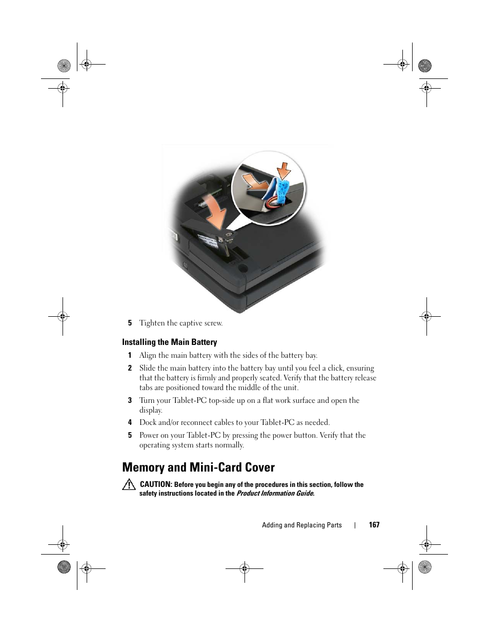 Installing the main battery, Memory and mini-card cover | Dell Latitude XT (Late 2007) User Manual | Page 167 / 248