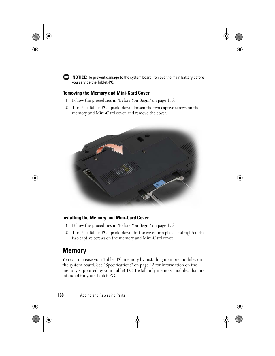 Removing the memory and mini-card cover, Installing the memory and mini-card cover, Memory | See "memory" on, Memory" on | Dell Latitude XT (Late 2007) User Manual | Page 168 / 248