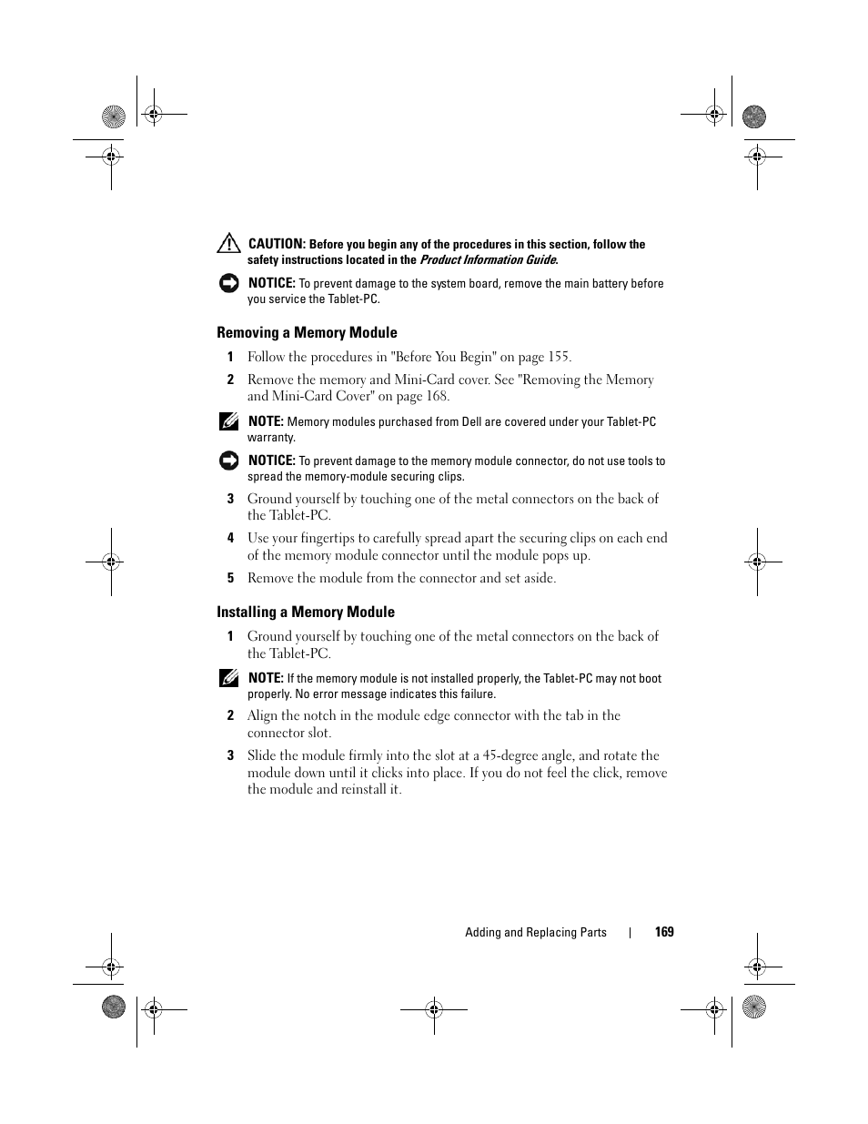 Removing a memory module, Installing a memory module, Installing a | Dell Latitude XT (Late 2007) User Manual | Page 169 / 248