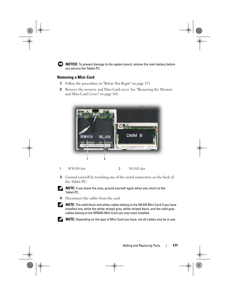 Removing a mini-card | Dell Latitude XT (Late 2007) User Manual | Page 171 / 248