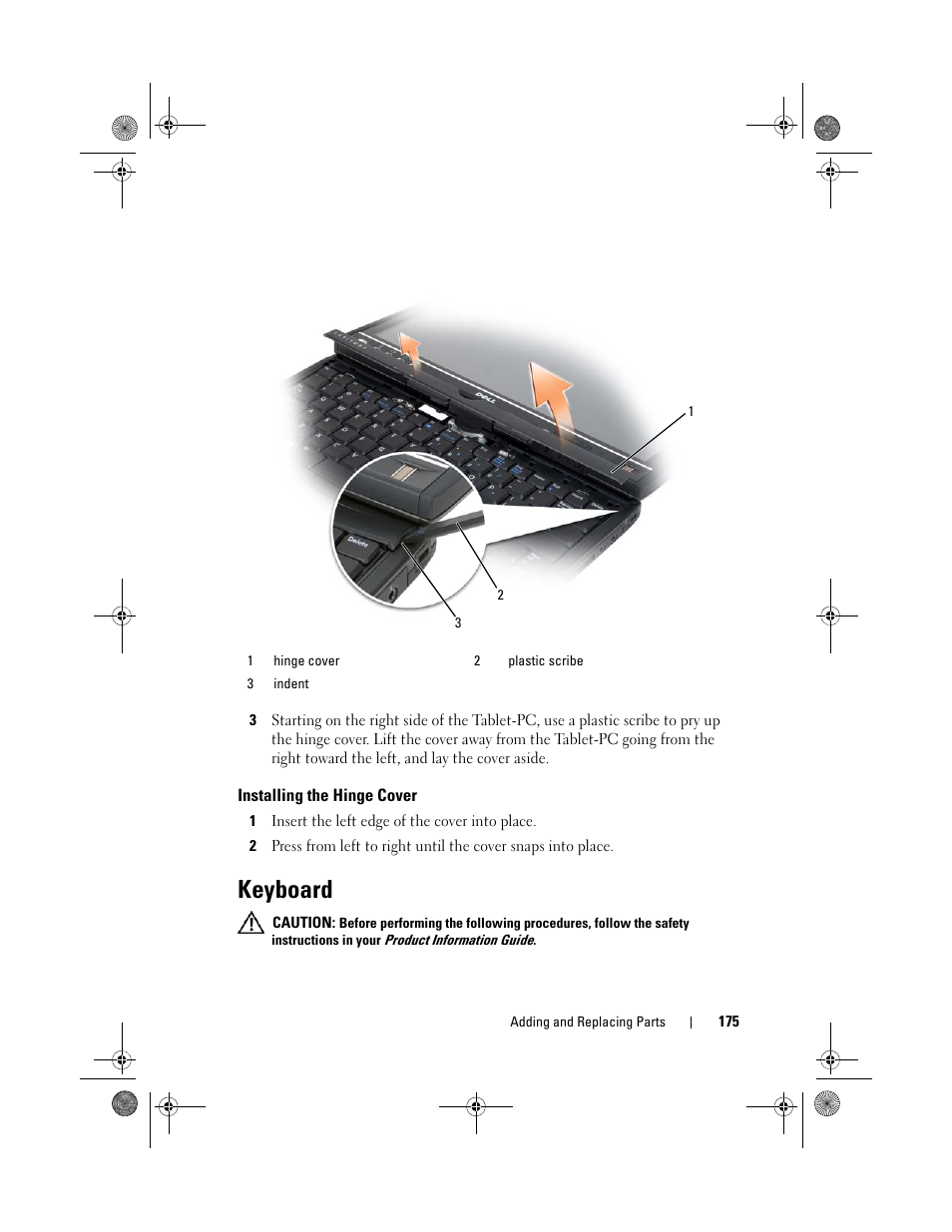 Installing the hinge cover, Keyboard | Dell Latitude XT (Late 2007) User Manual | Page 175 / 248