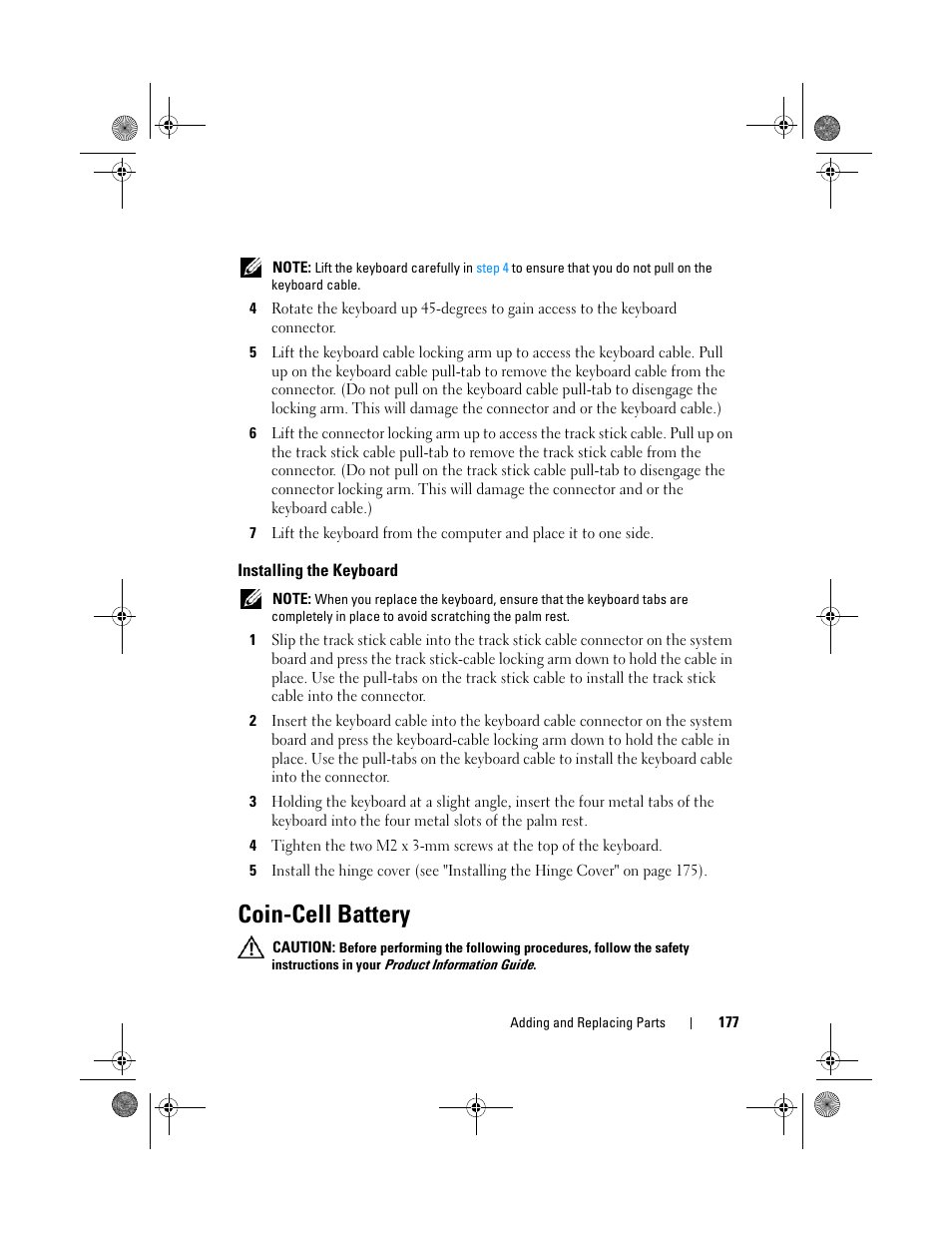 Installing the keyboard, Coin-cell battery | Dell Latitude XT (Late 2007) User Manual | Page 177 / 248