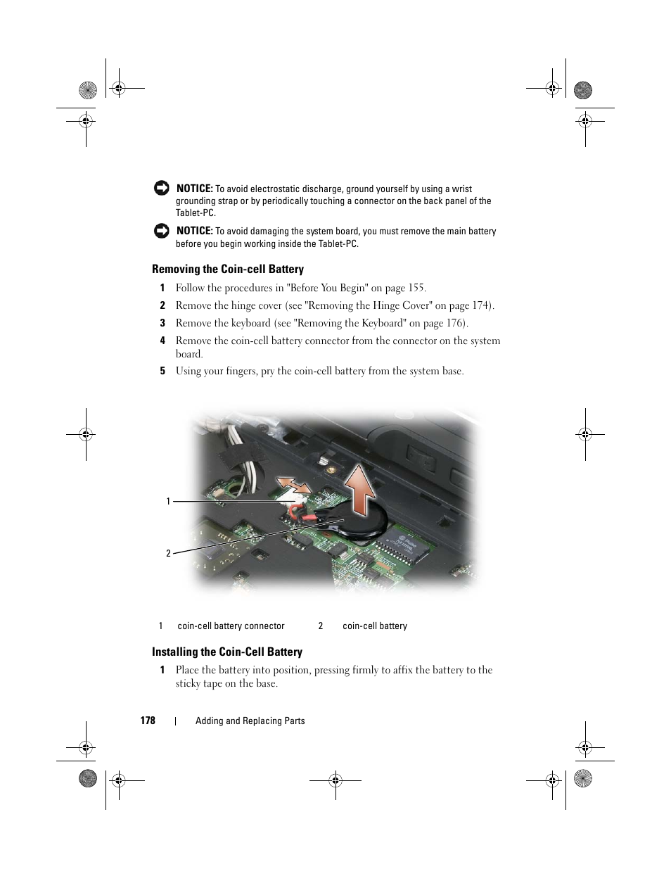 Removing the coin-cell battery, Installing the coin-cell battery | Dell Latitude XT (Late 2007) User Manual | Page 178 / 248