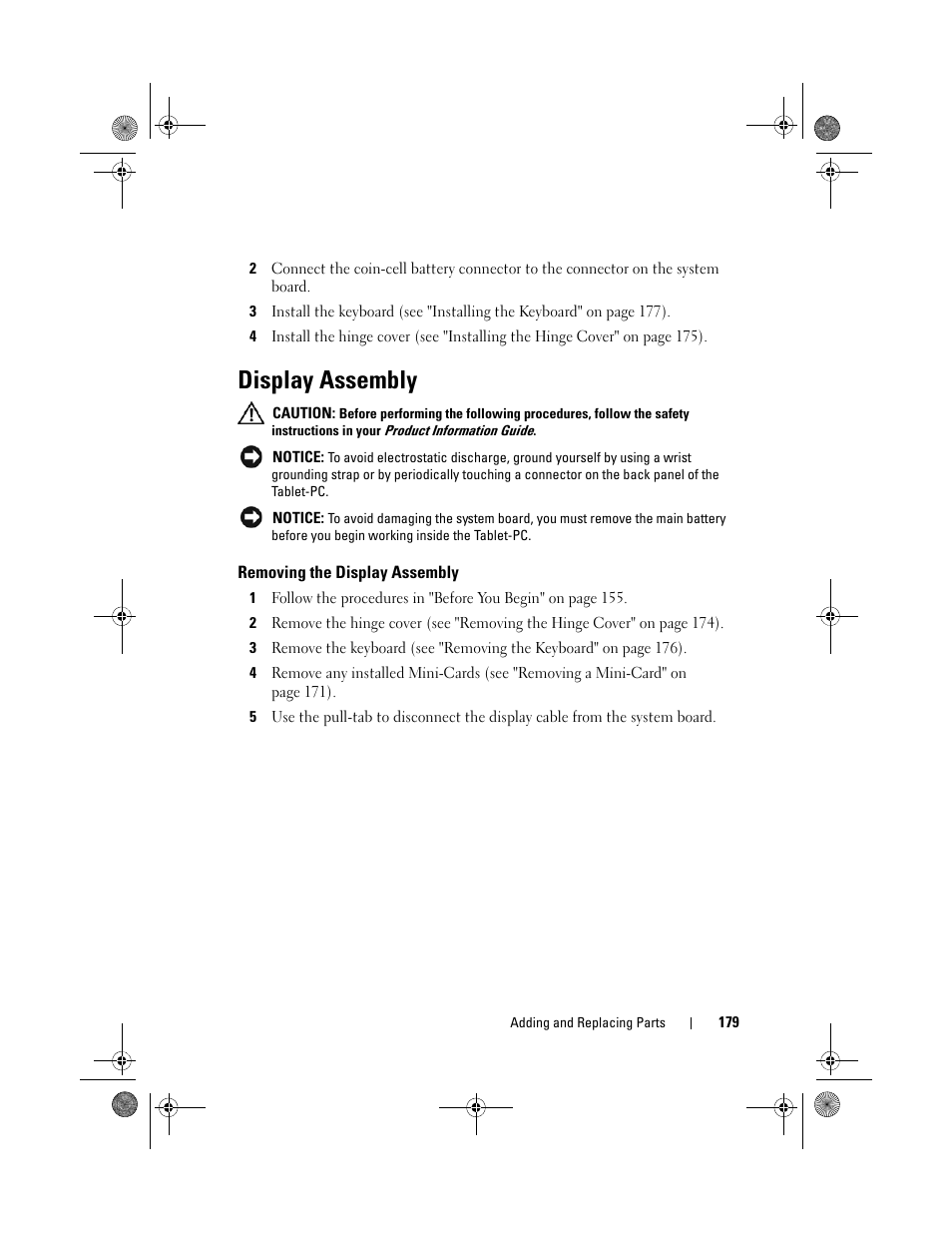 Display assembly, Removing the display assembly | Dell Latitude XT (Late 2007) User Manual | Page 179 / 248