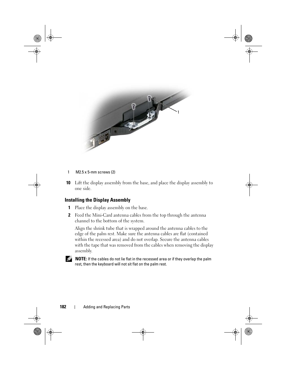 Installing the display assembly | Dell Latitude XT (Late 2007) User Manual | Page 182 / 248