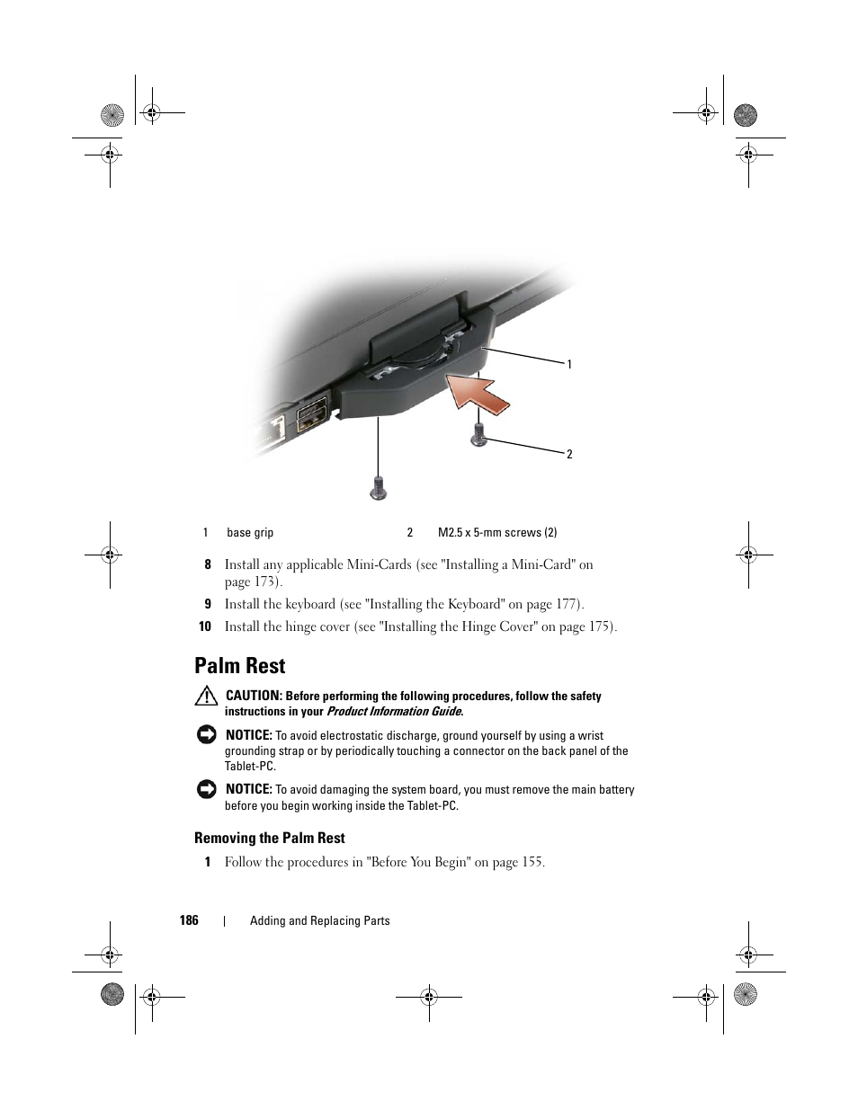 Palm rest, Removing the palm rest | Dell Latitude XT (Late 2007) User Manual | Page 186 / 248