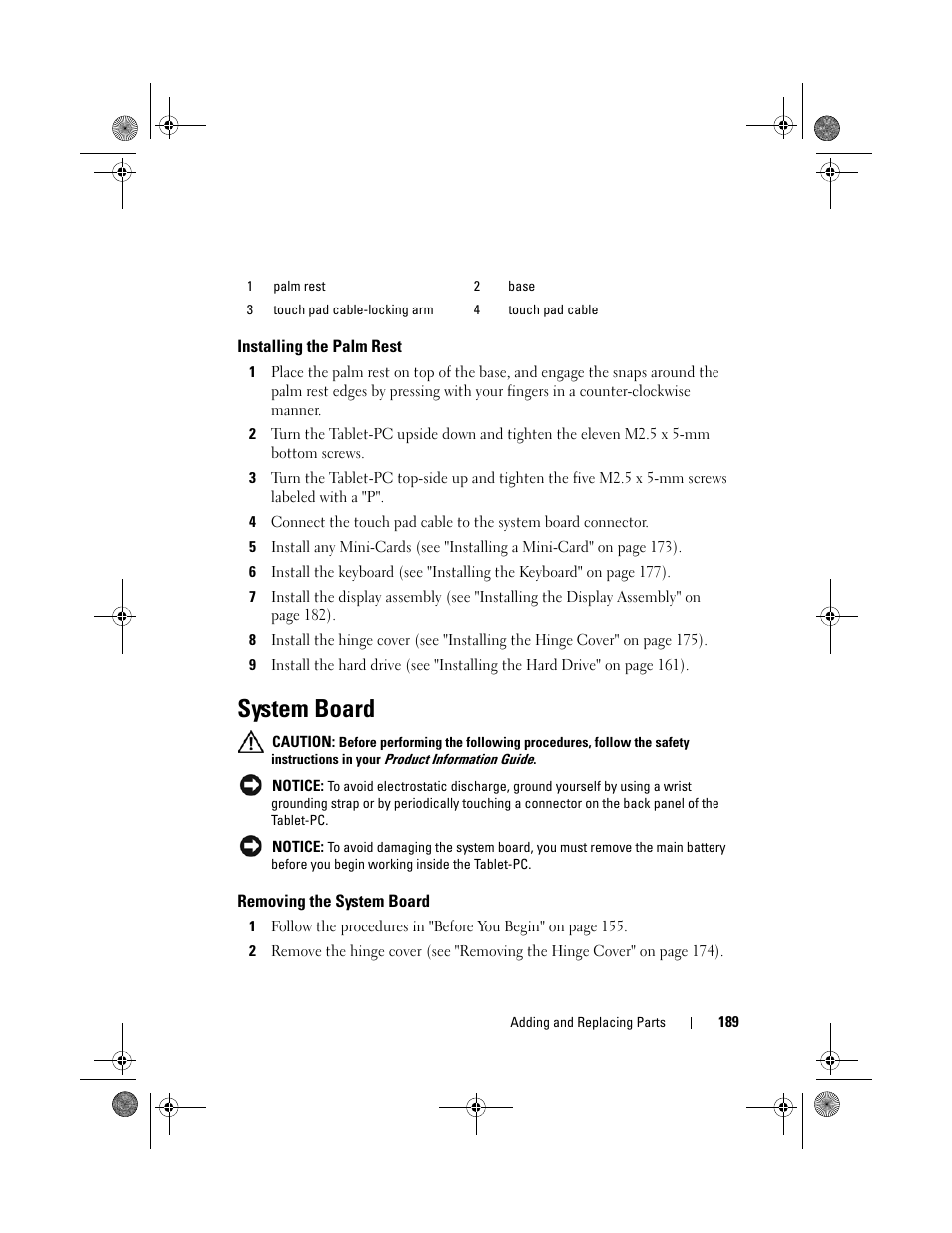 Installing the palm rest, System board, Removing the system board | Dell Latitude XT (Late 2007) User Manual | Page 189 / 248