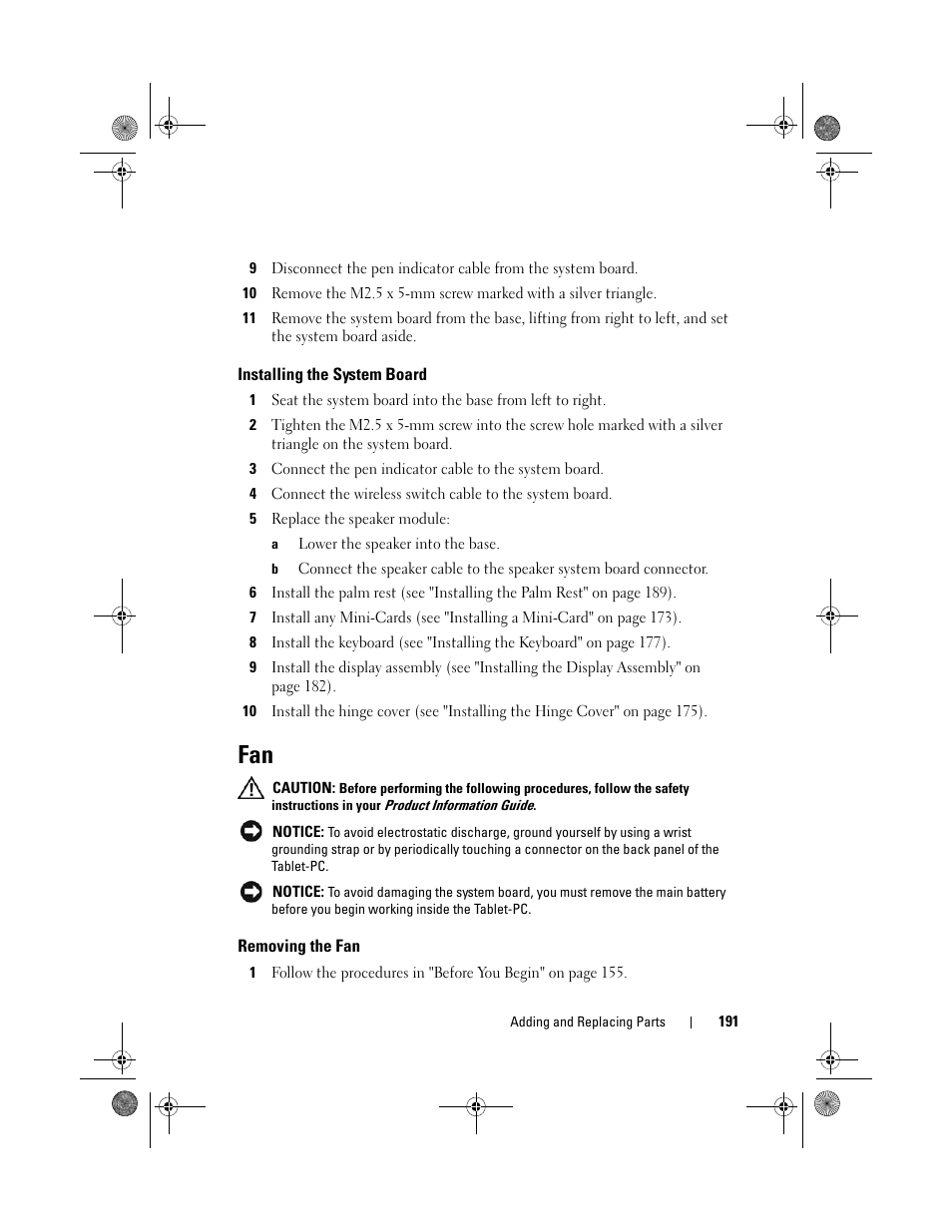 Installing the system board, Removing the fan | Dell Latitude XT (Late 2007) User Manual | Page 191 / 248