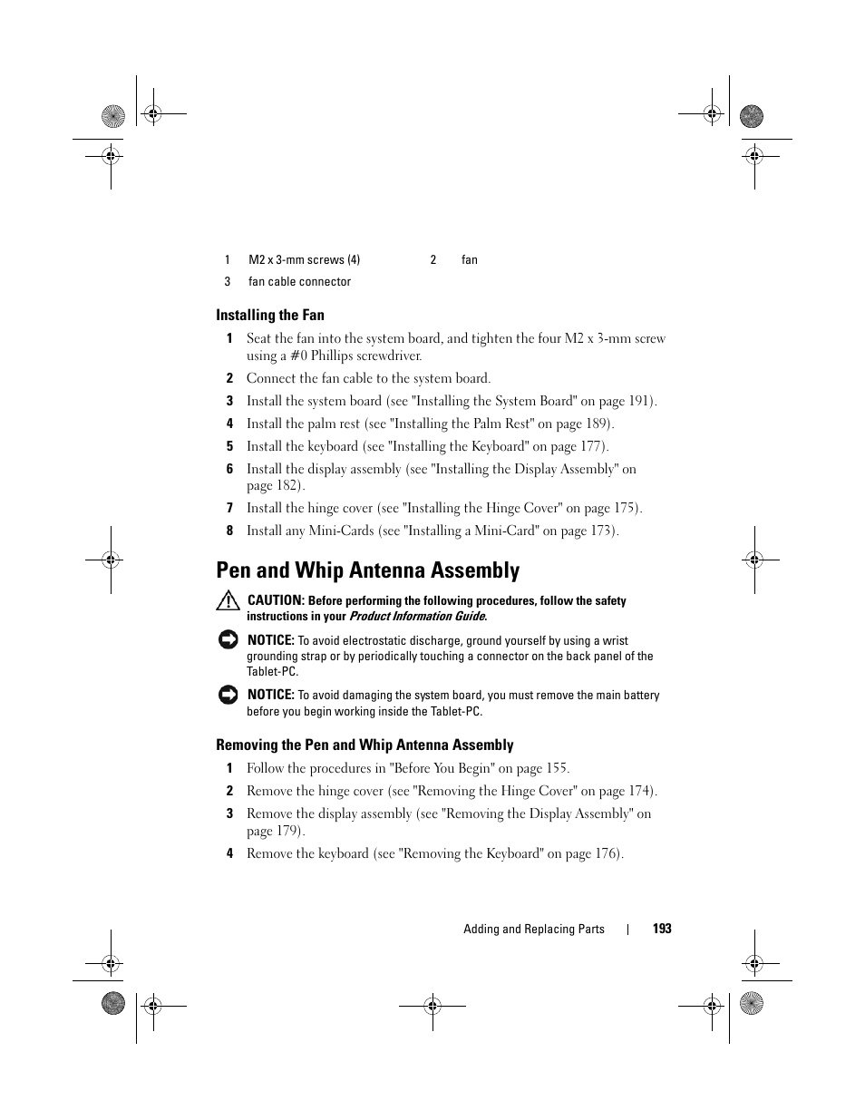 Installing the fan, Pen and whip antenna assembly, Removing the pen and whip antenna assembly | Dell Latitude XT (Late 2007) User Manual | Page 193 / 248