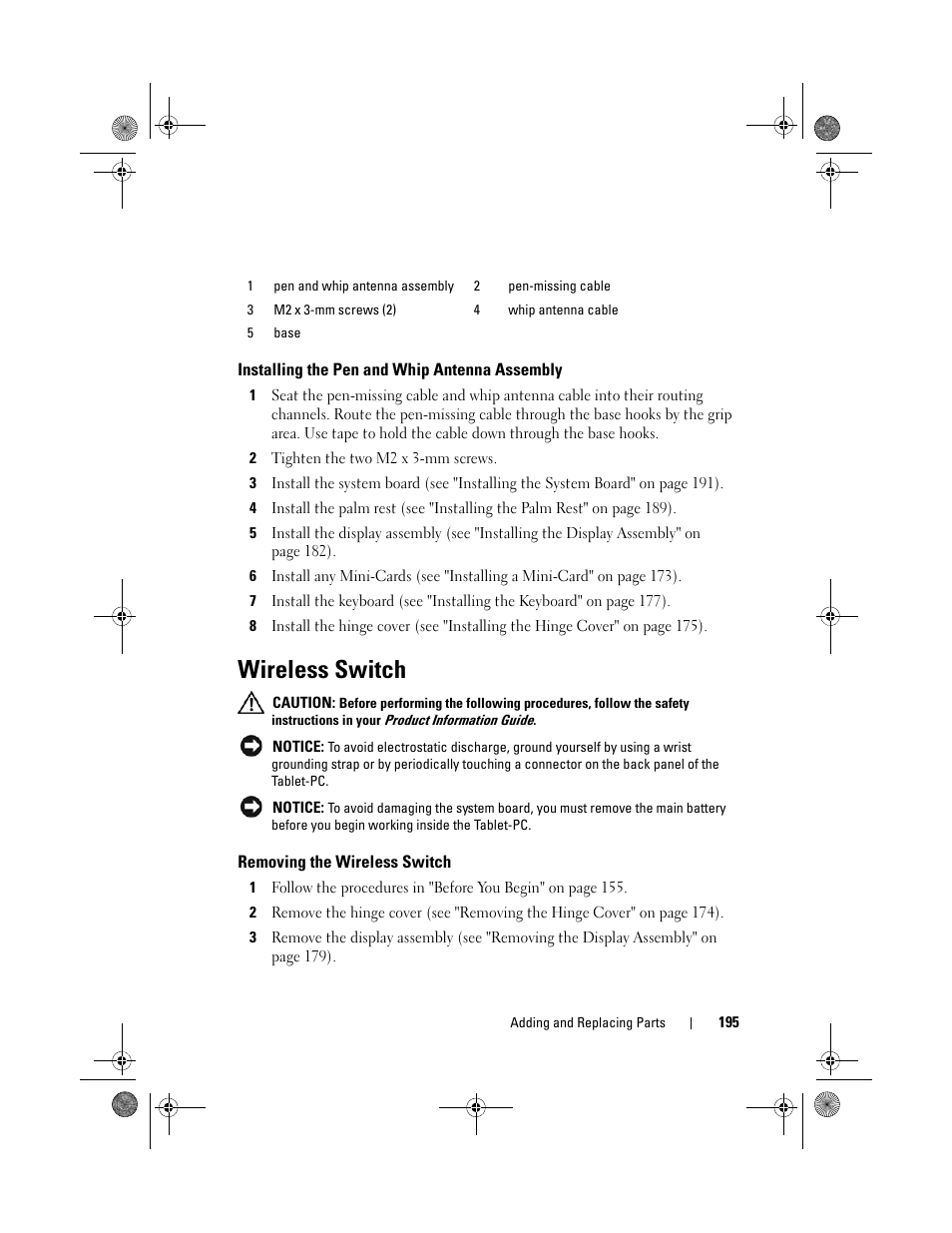 Installing the pen and whip antenna assembly, Wireless switch, Removing the wireless switch | Dell Latitude XT (Late 2007) User Manual | Page 195 / 248