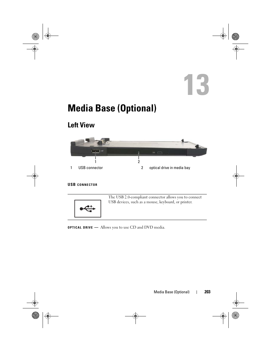 Media base (optional), Left view | Dell Latitude XT (Late 2007) User Manual | Page 203 / 248