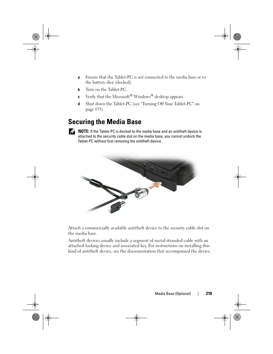 Securing the media base | Dell Latitude XT (Late 2007) User Manual | Page 210 / 248