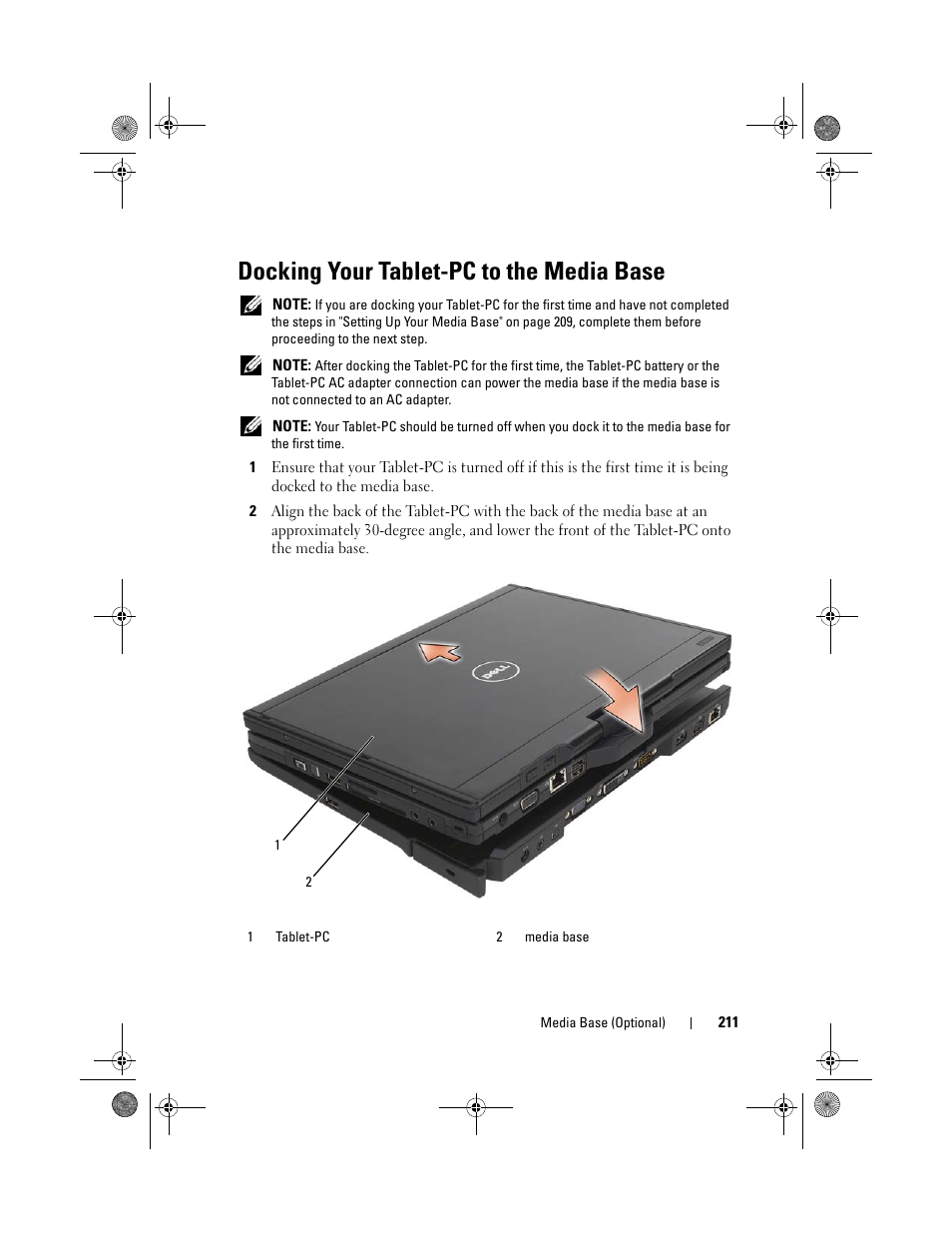 Docking your tablet-pc to the media base | Dell Latitude XT (Late 2007) User Manual | Page 211 / 248