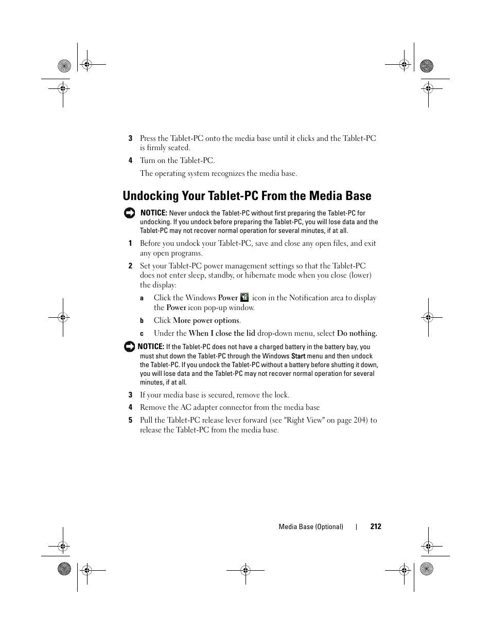 Undocking your tablet-pc from the media base, E "undocking your, See "undocking your | Dell Latitude XT (Late 2007) User Manual | Page 212 / 248