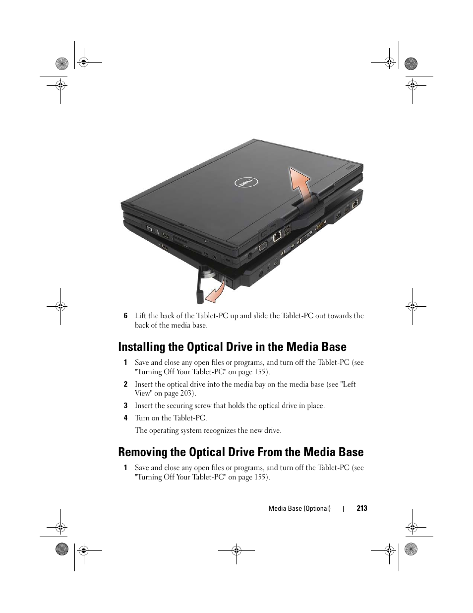 Installing the optical drive in the media base, Removing the optical drive from the media base | Dell Latitude XT (Late 2007) User Manual | Page 213 / 248