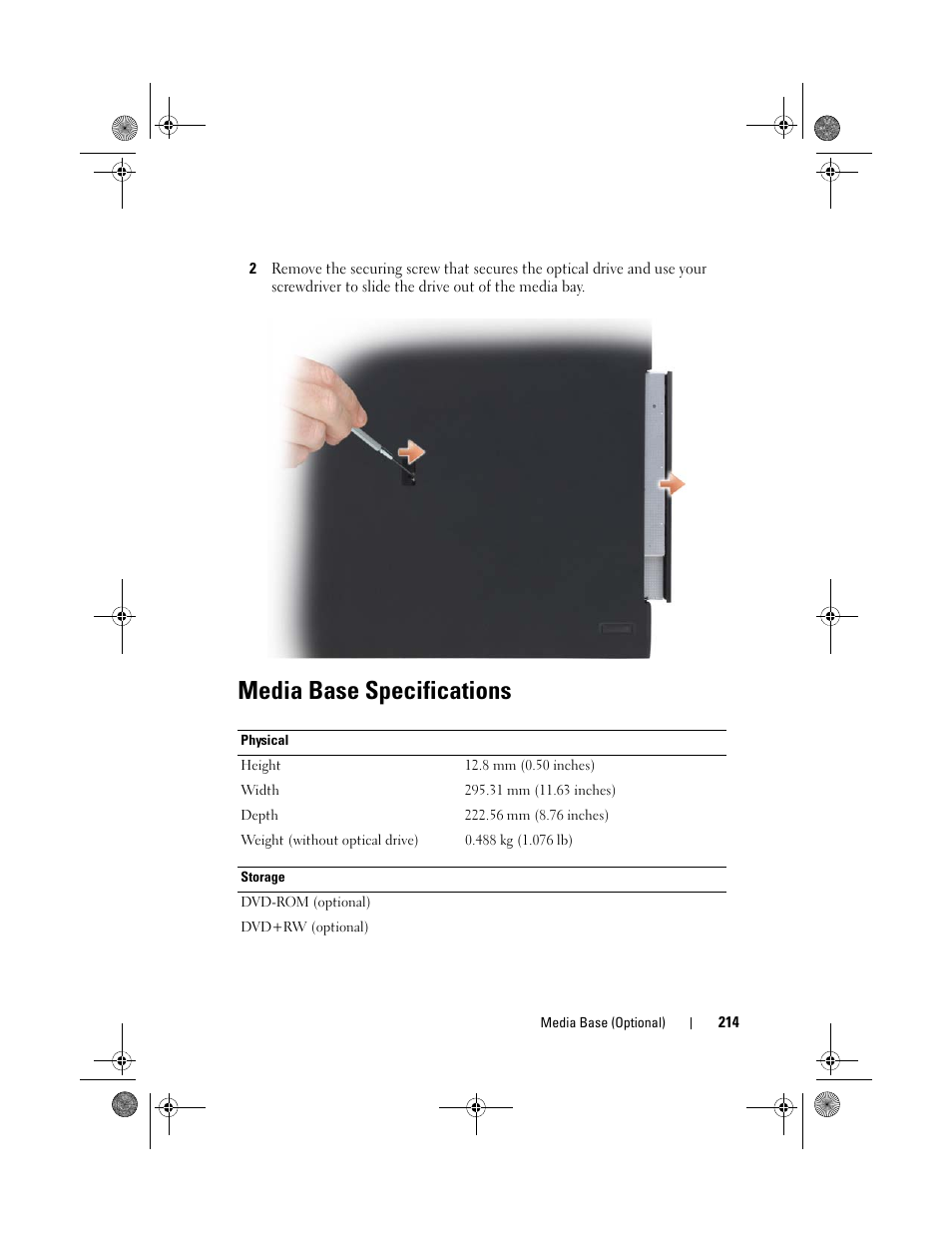 Media base specifications | Dell Latitude XT (Late 2007) User Manual | Page 214 / 248