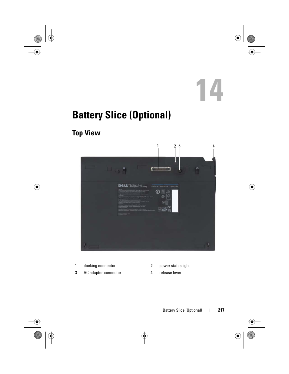 Battery slice (optional), Top view | Dell Latitude XT (Late 2007) User Manual | Page 217 / 248