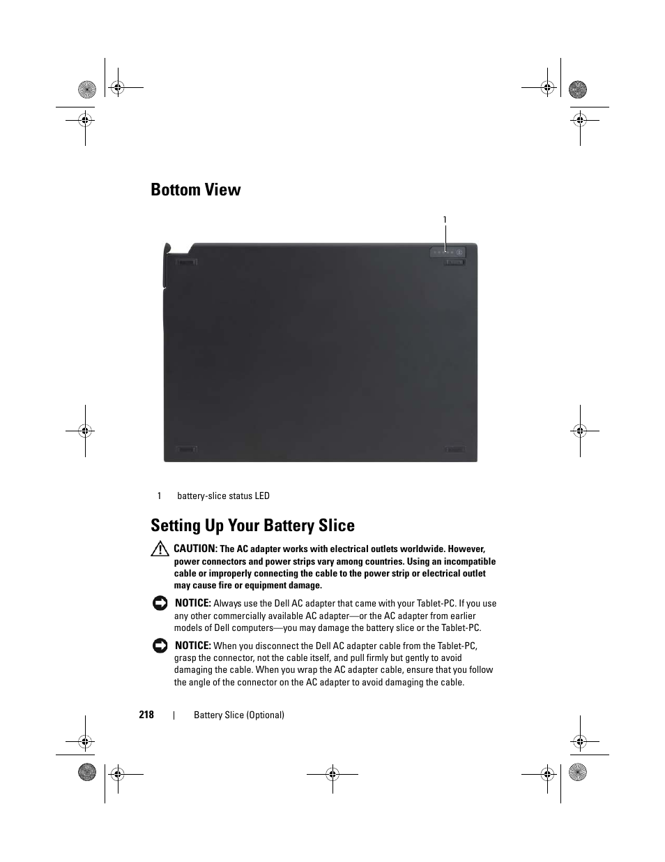 Bottom view, Setting up your battery slice, Bottom view setting up your battery slice | Dell Latitude XT (Late 2007) User Manual | Page 218 / 248