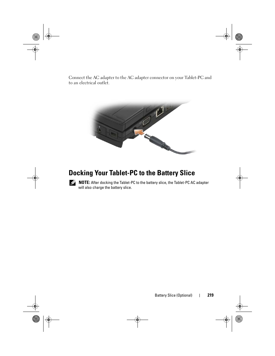 Docking your tablet-pc to the battery slice | Dell Latitude XT (Late 2007) User Manual | Page 219 / 248