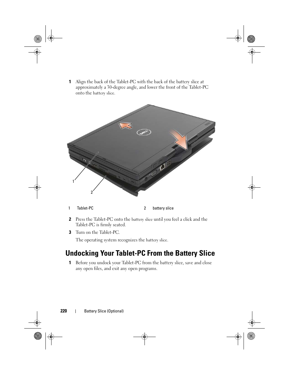 Undocking your tablet-pc from the battery slice, 12 or "undocking your, Undocking your | And "undocking your | Dell Latitude XT (Late 2007) User Manual | Page 220 / 248